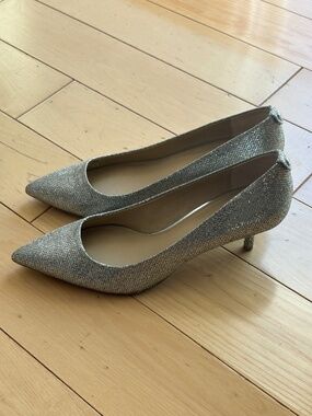 MICHAEL Michael Kors Alina Flex Glitter Mesh Kitten Heels/Pumps, Silver, 8.5